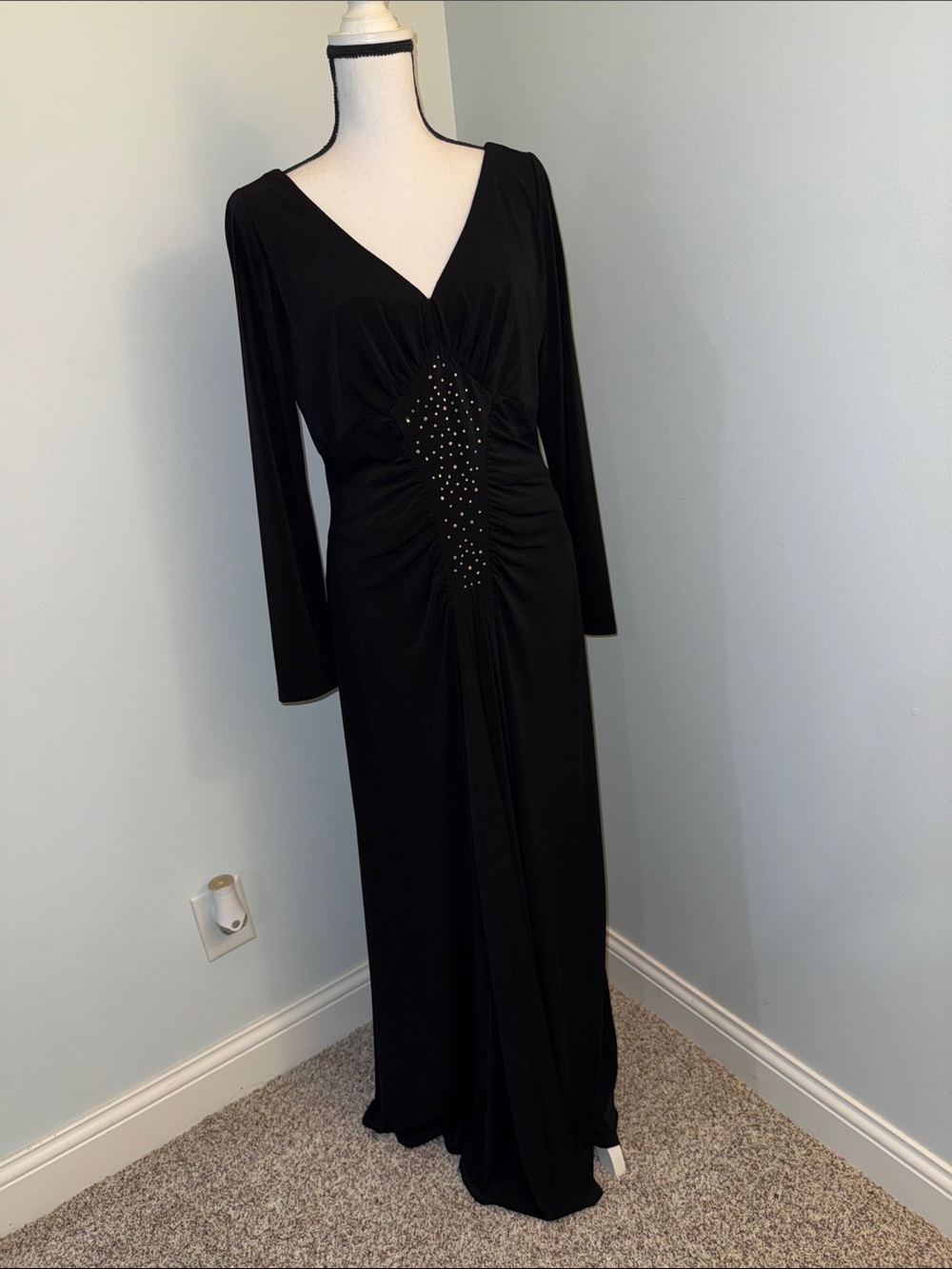 Scott McClintock Black Long Sleeve V-Neck Evening Gown with Rhinestone Accents
